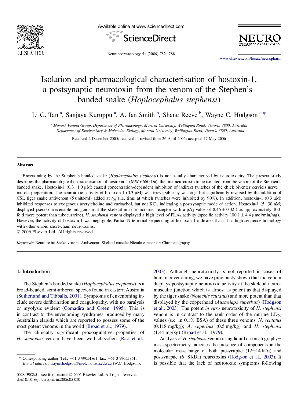 Isolation and pharmacological characterisation of hostoxin-1, a postsynaptic neurotoxin from the venom of the Stephen's banded snake (Hoplocephalus stephensi)