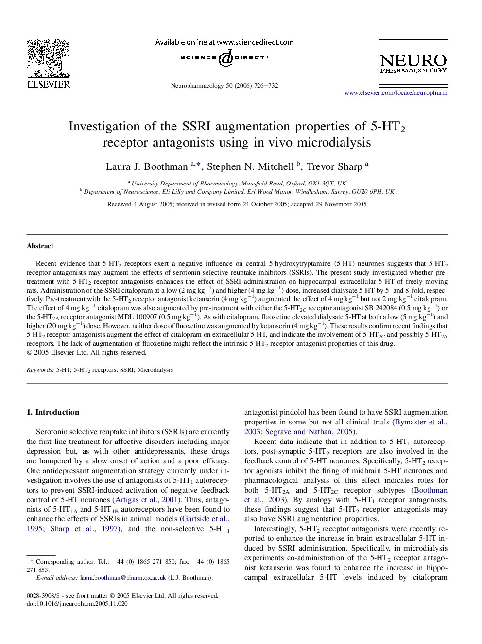 Investigation of the SSRI augmentation properties of 5-HT2 receptor antagonists using in vivo microdialysis