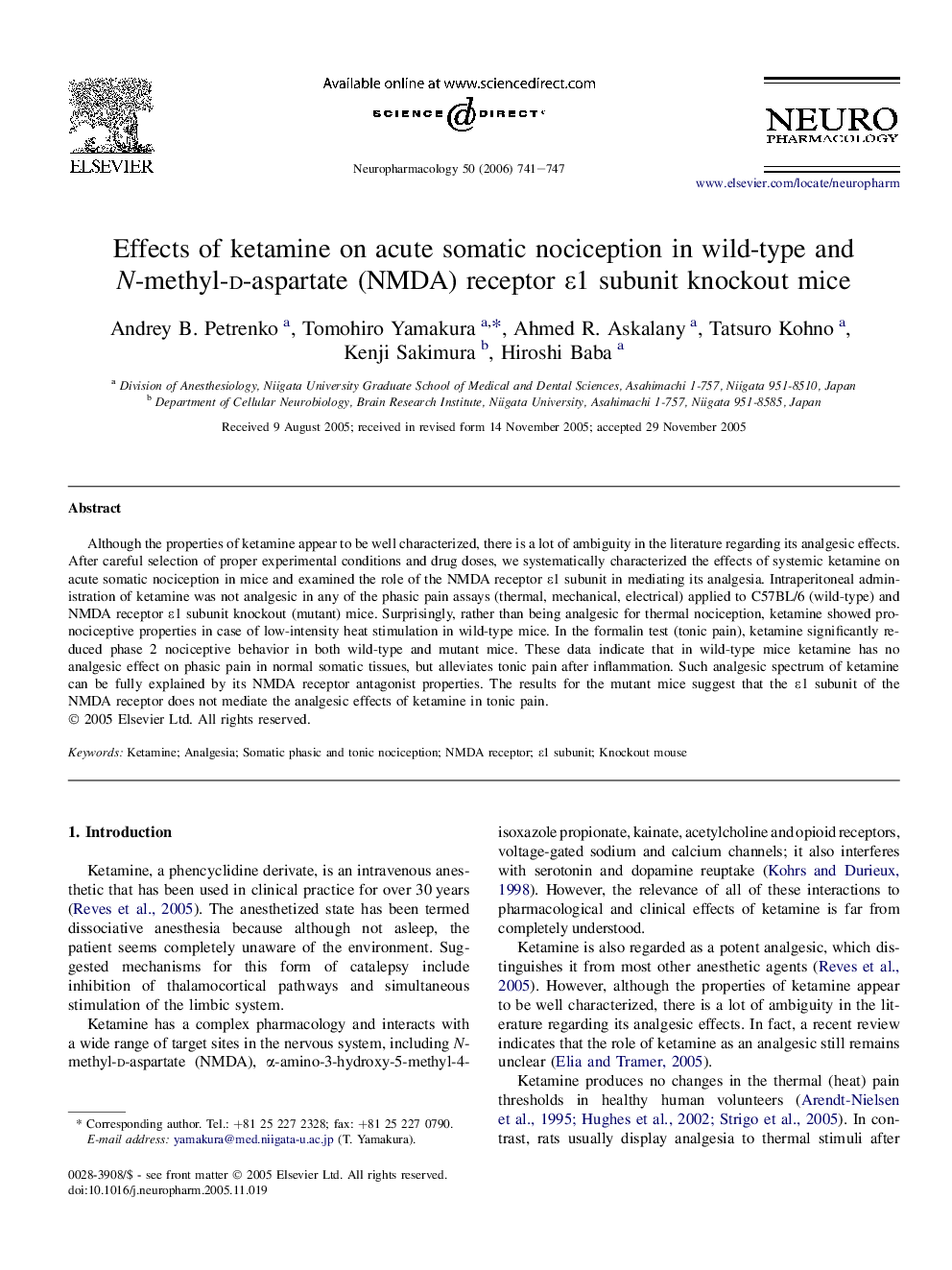 Effects of ketamine on acute somatic nociception in wild-type and N-methyl-d-aspartate (NMDA) receptor É1 subunit knockout mice