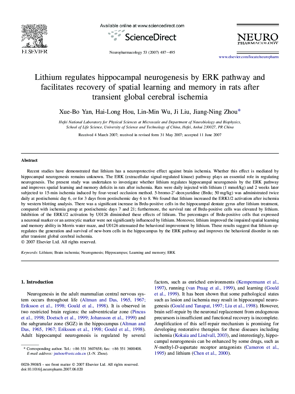 Lithium regulates hippocampal neurogenesis by ERK pathway and facilitates recovery of spatial learning and memory in rats after transient global cerebral ischemia