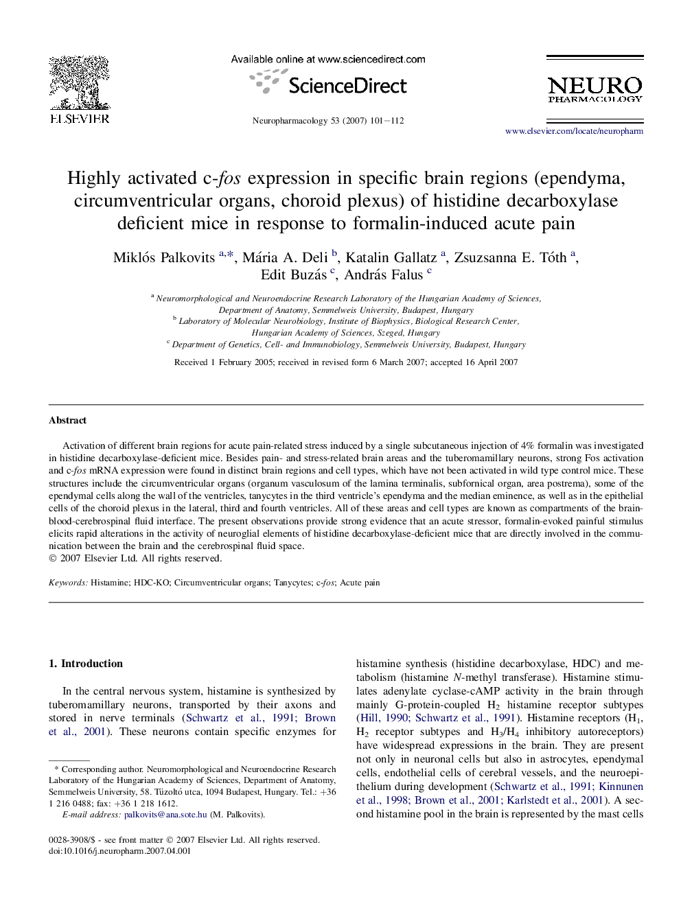 Highly activated c-fos expression in specific brain regions (ependyma, circumventricular organs, choroid plexus) of histidine decarboxylase deficient mice in response to formalin-induced acute pain