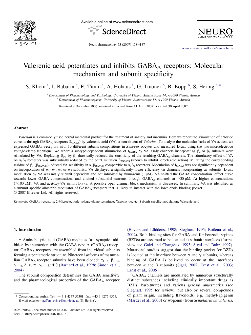 Valerenic acid potentiates and inhibits GABAA receptors: Molecular mechanism and subunit specificity