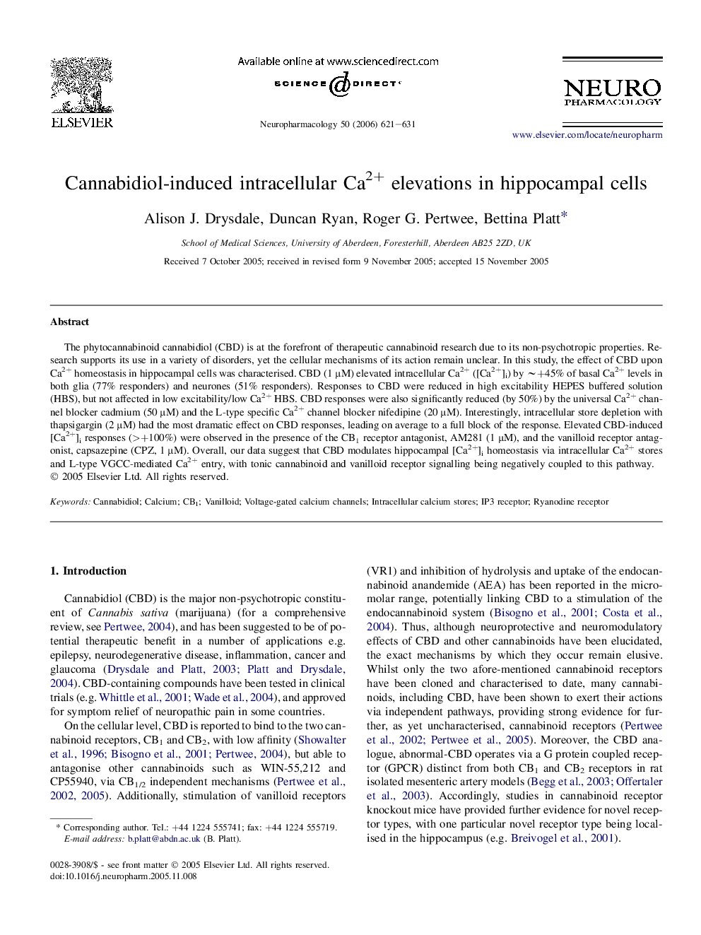 Cannabidiol-induced intracellular Ca2+ elevations in hippocampal cells