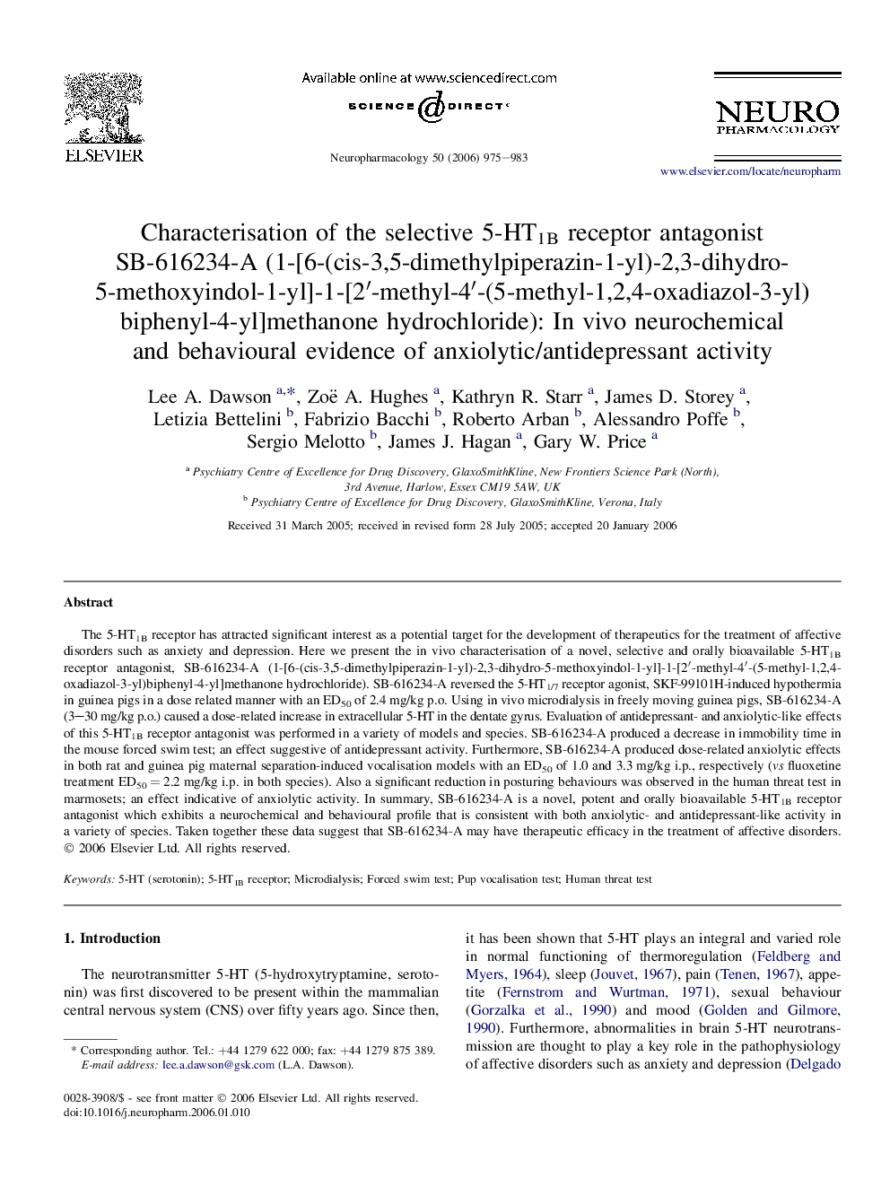 Characterisation of the selective 5-HT1B receptor antagonist SB-616234-A (1-[6-(cis-3,5-dimethylpiperazin-1-yl)-2,3-dihydro-5-methoxyindol-1-yl]-1-[2â²-methyl-4â²-(5-methyl-1,2,4-oxadiazol-3-yl)biphenyl-4-yl]methanone hydrochloride): In vivo neurochemic