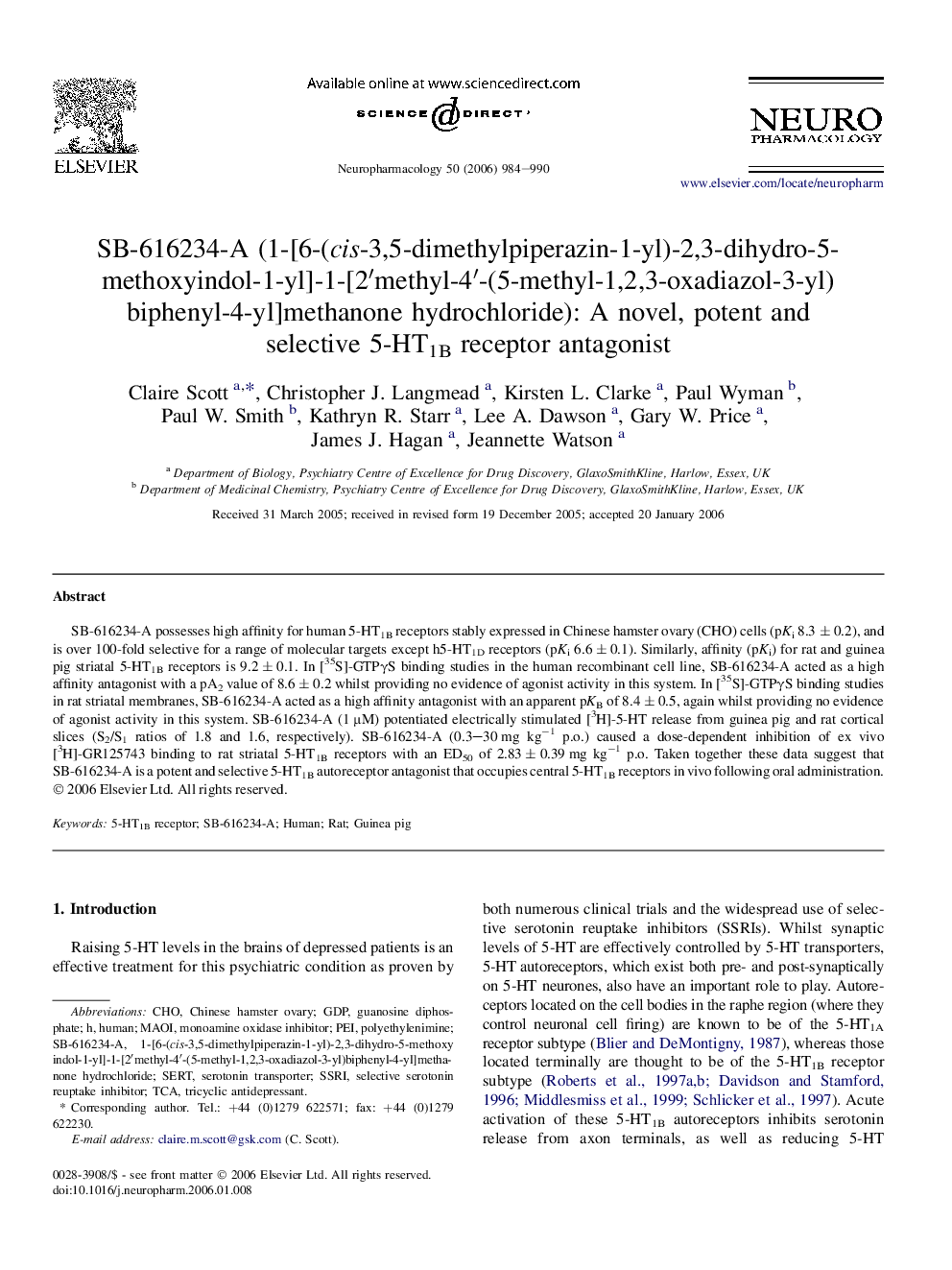 SB-616234-A (1-[6-(cis-3,5-dimethylpiperazin-1-yl)-2,3-dihydro-5-methoxyindol-1-yl]-1-[2′methyl-4′-(5-methyl-1,2,3-oxadiazol-3-yl)biphenyl-4-yl]methanone hydrochloride): A novel, potent and selective 5-HT1B receptor antagonist