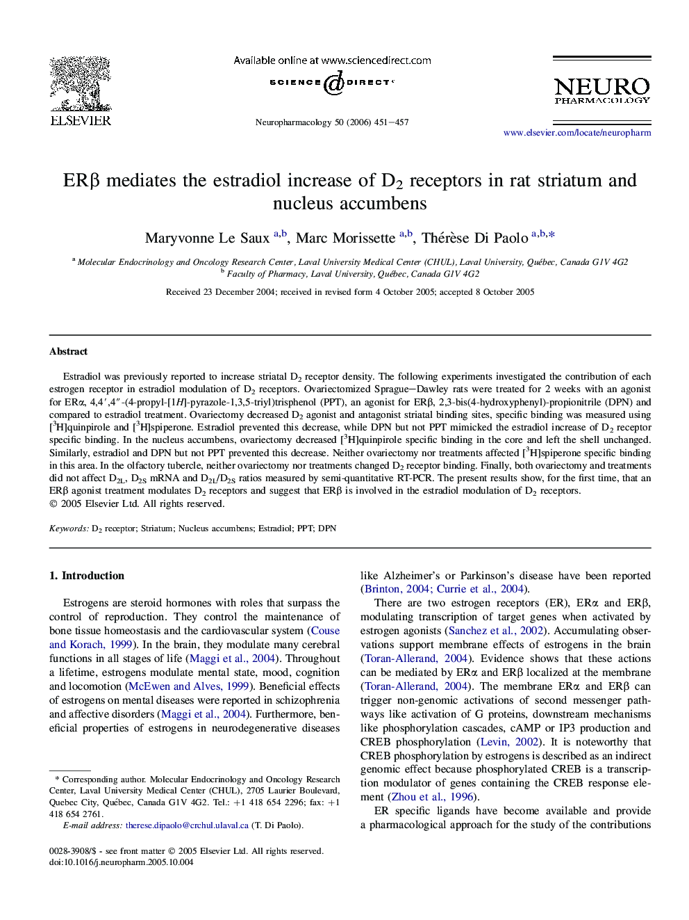 ERβ mediates the estradiol increase of D2 receptors in rat striatum and nucleus accumbens