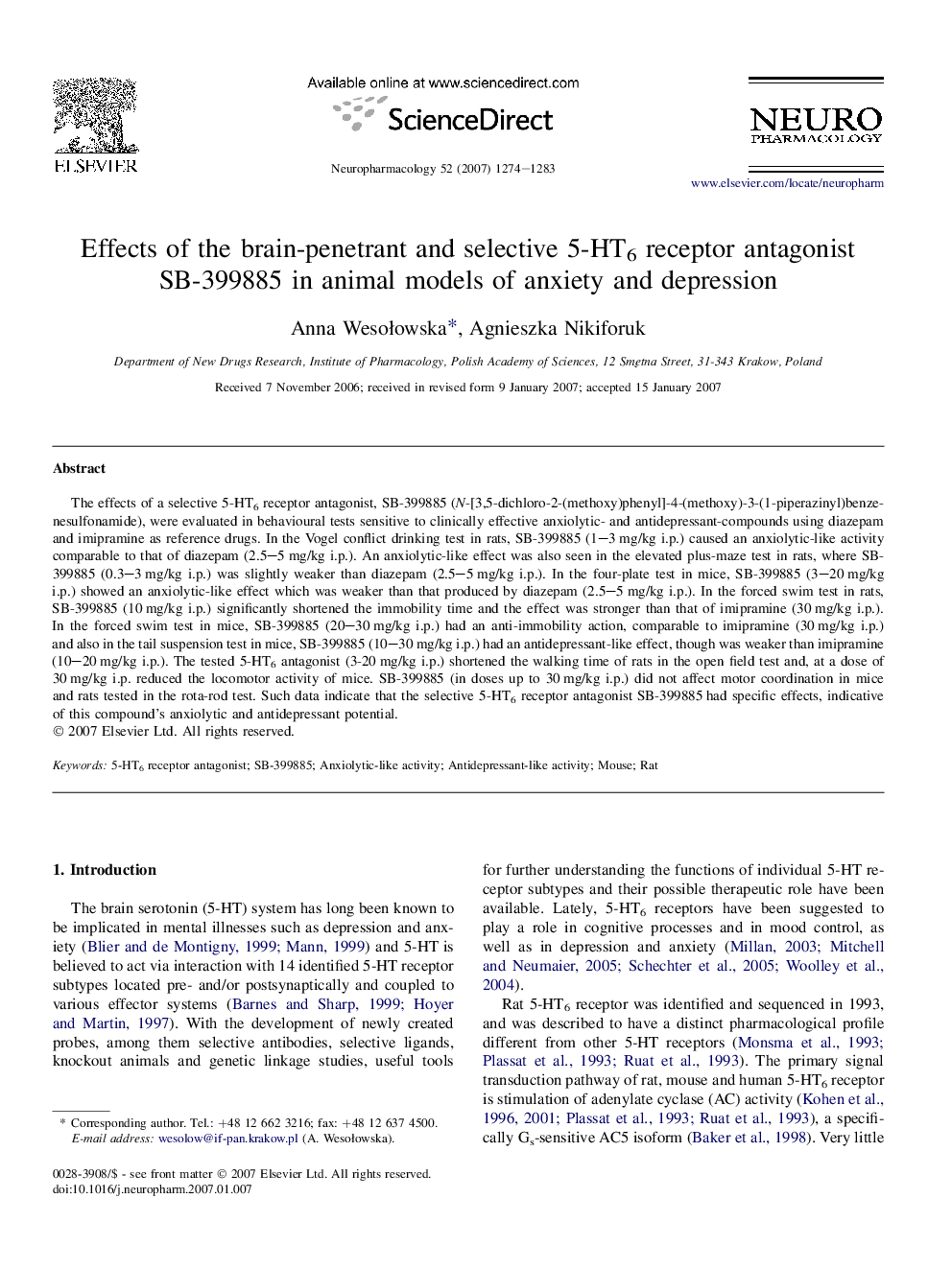 عکس صفحه اول مقاله: Effects of the brain-penetrant and selective 5-HT6 receptor antagonist SB-399885 in animal models of anxiety and depression Effects of the brain-penetrant and selective 5-HT6 receptor antagonist SB-399885 in animal models of anxiety and depression