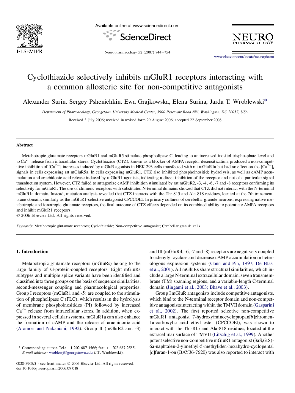 Cyclothiazide selectively inhibits mGluR1 receptors interacting with a common allosteric site for non-competitive antagonists