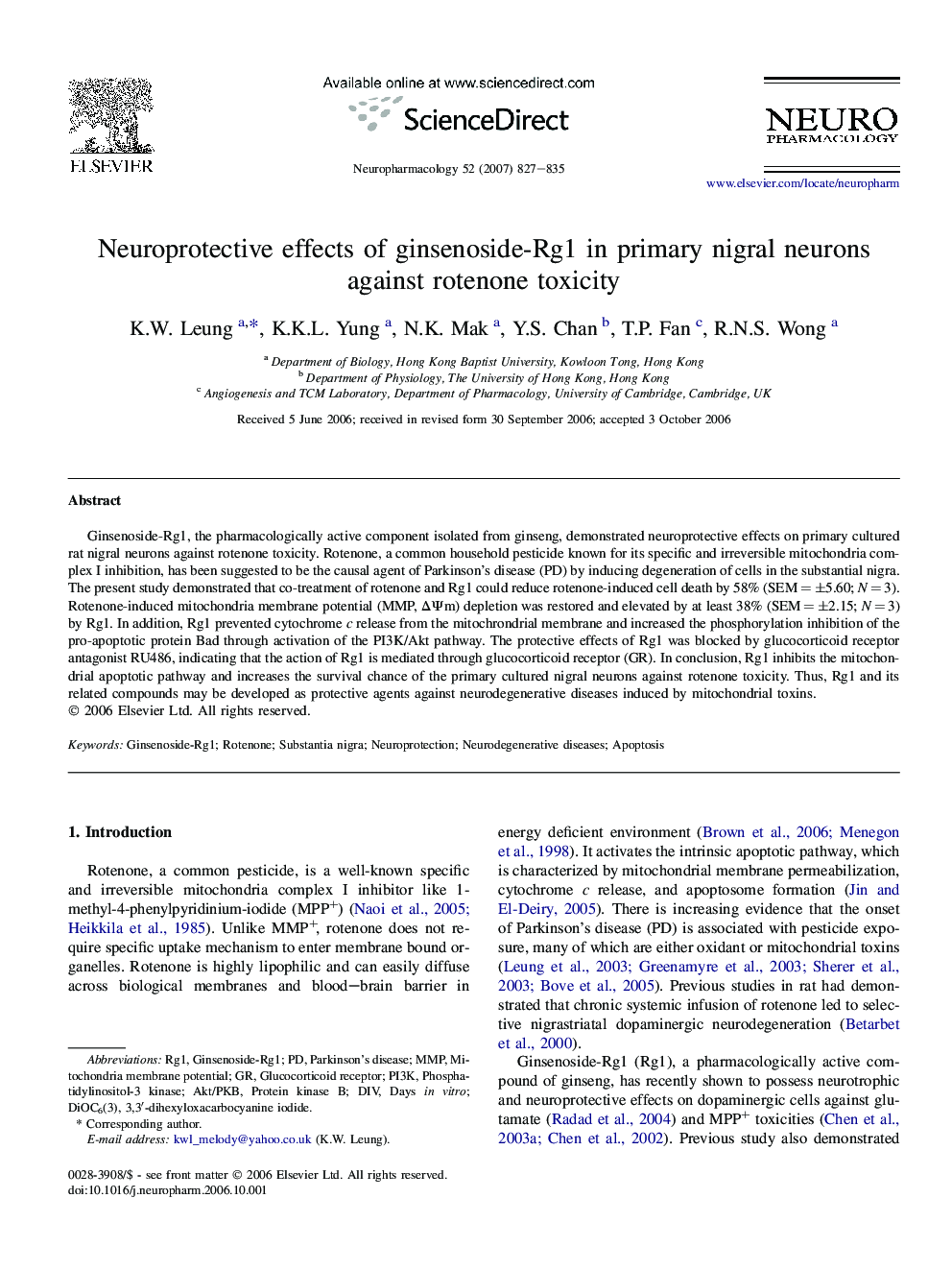 Neuroprotective effects of ginsenoside-Rg1 in primary nigral neurons against rotenone toxicity