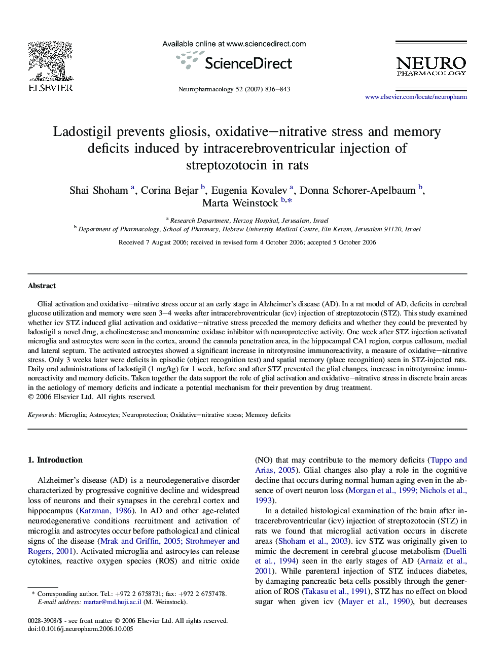 Ladostigil prevents gliosis, oxidative–nitrative stress and memory deficits induced by intracerebroventricular injection of streptozotocin in rats