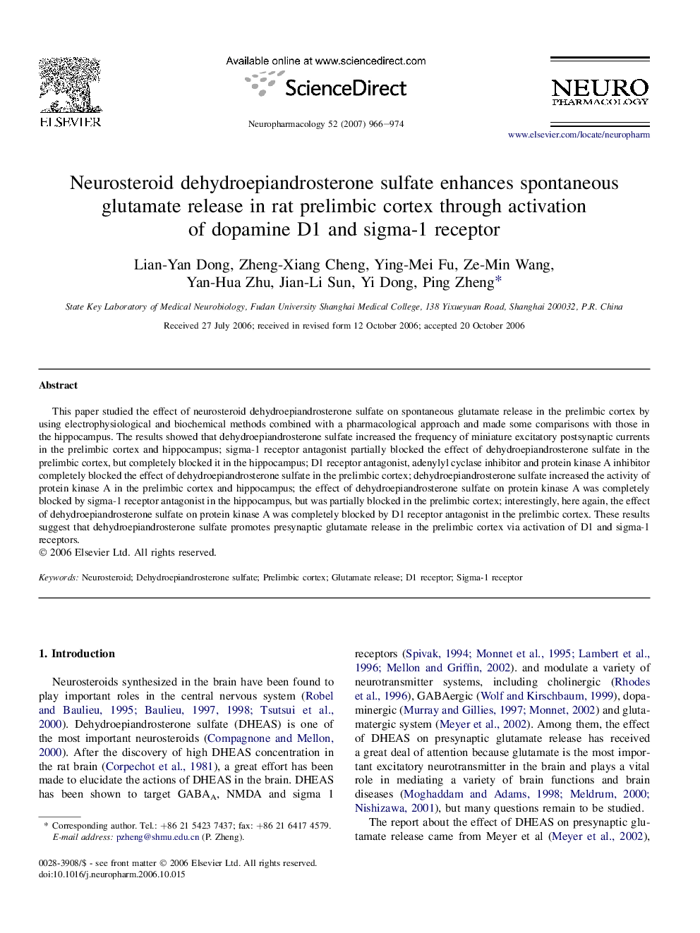 Neurosteroid dehydroepiandrosterone sulfate enhances spontaneous glutamate release in rat prelimbic cortex through activation of dopamine D1 and sigma-1 receptor