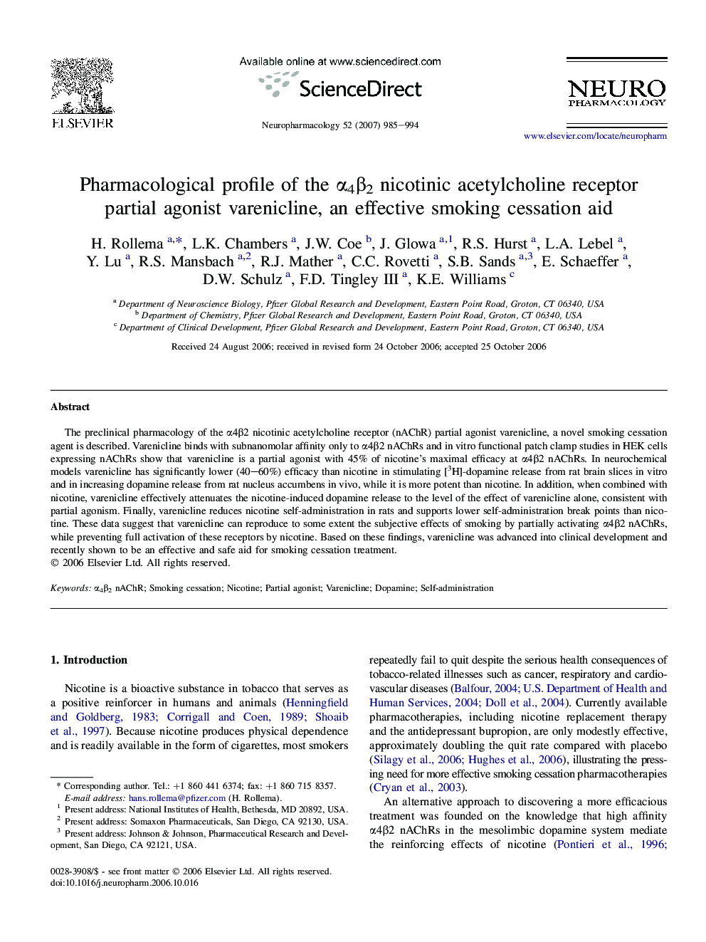 Pharmacological profile of the α4β2 nicotinic acetylcholine receptor partial agonist varenicline, an effective smoking cessation aid