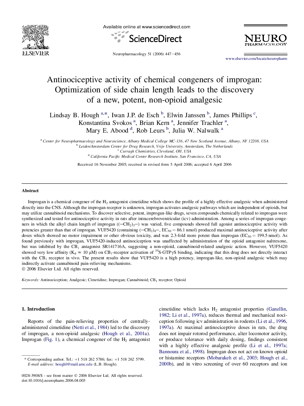 Antinociceptive activity of chemical congeners of improgan: Optimization of side chain length leads to the discovery of a new, potent, non-opioid analgesic