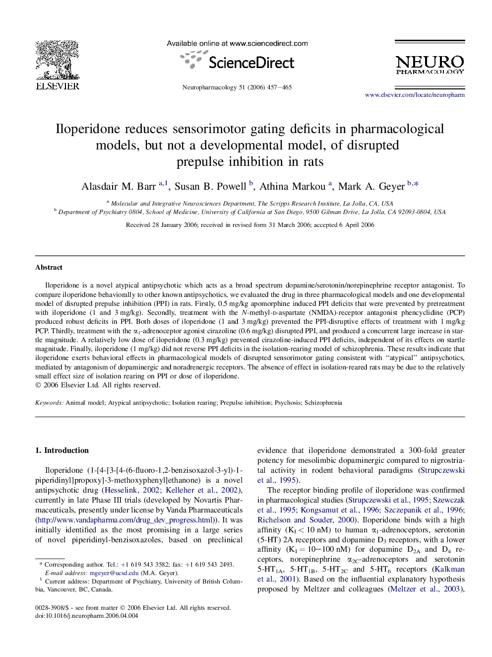 Iloperidone reduces sensorimotor gating deficits in pharmacological models, but not a developmental model, of disrupted prepulse inhibition in rats