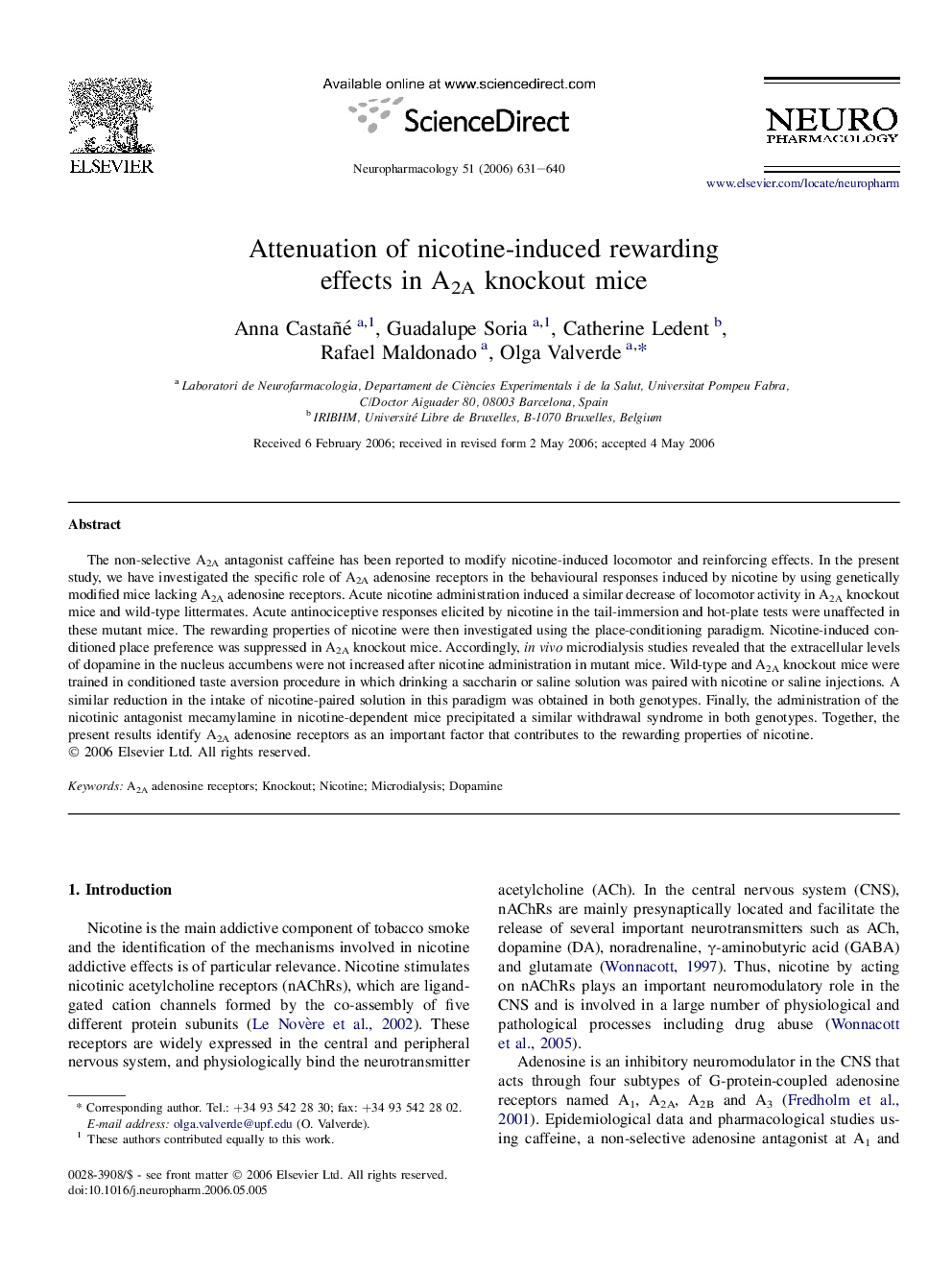 Attenuation of nicotine-induced rewarding effects in A2A knockout mice