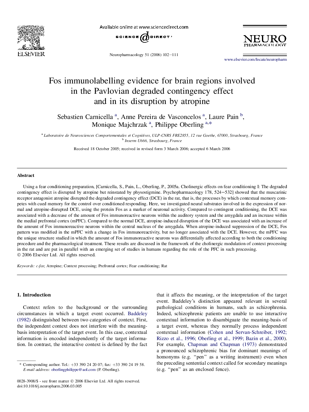 Fos immunolabelling evidence for brain regions involved in the Pavlovian degraded contingency effect and in its disruption by atropine