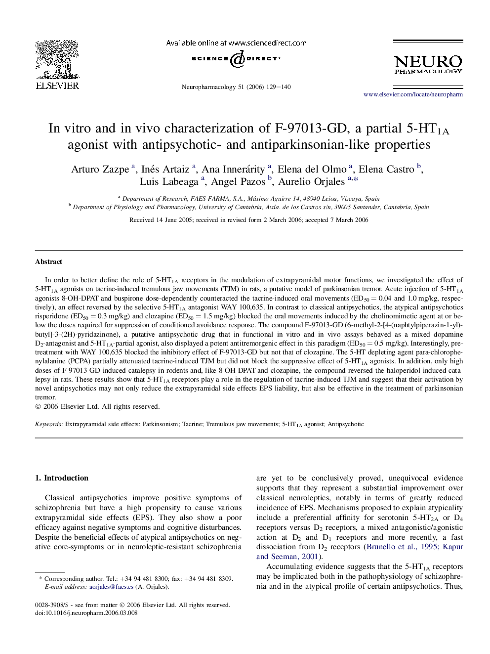 In vitro and in vivo characterization of F-97013-GD, a partial 5-HT1A agonist with antipsychotic- and antiparkinsonian-like properties