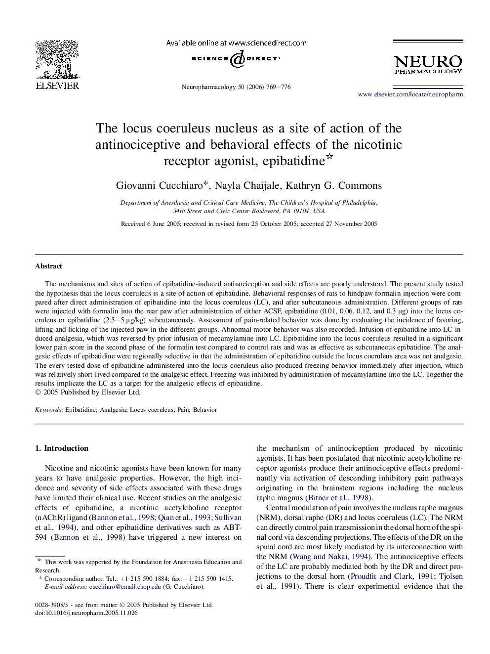 The locus coeruleus nucleus as a site of action of the antinociceptive and behavioral effects of the nicotinic receptor agonist, epibatidine 