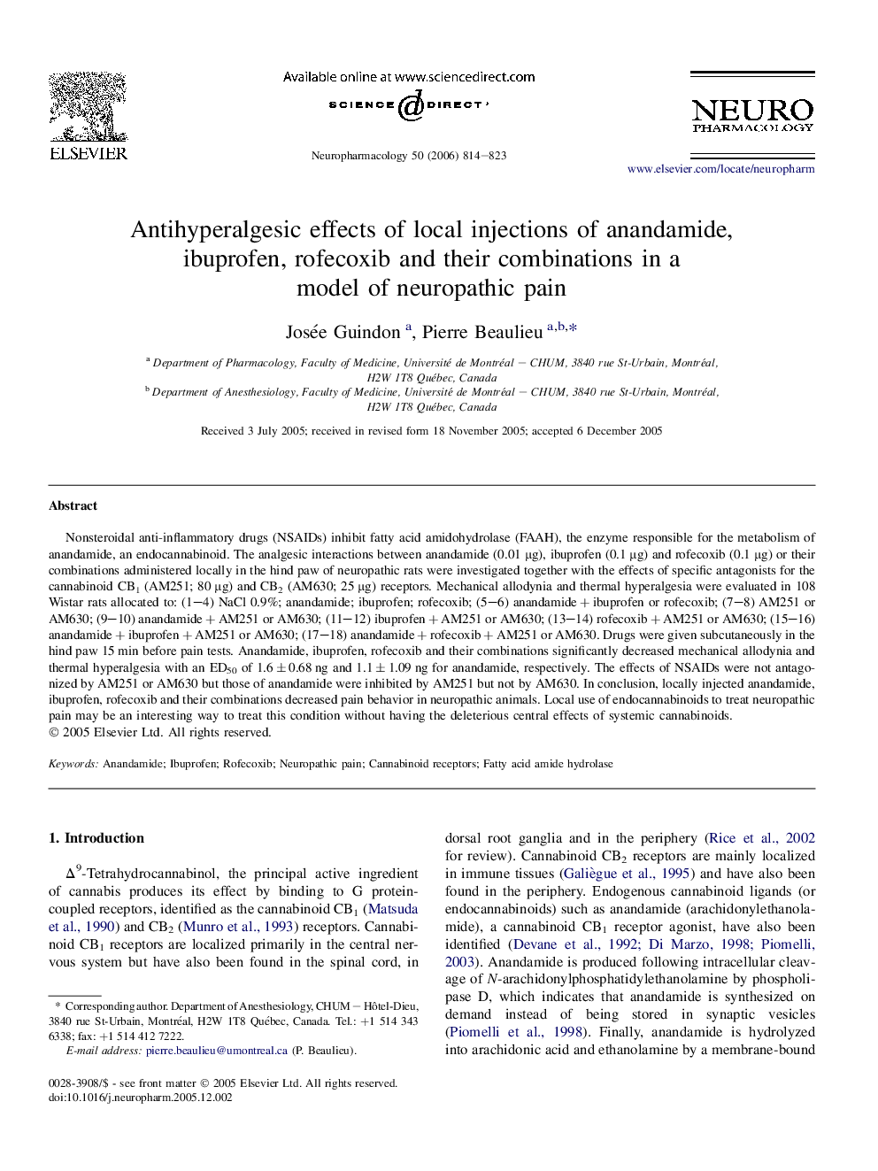 Antihyperalgesic effects of local injections of anandamide, ibuprofen, rofecoxib and their combinations in a model of neuropathic pain