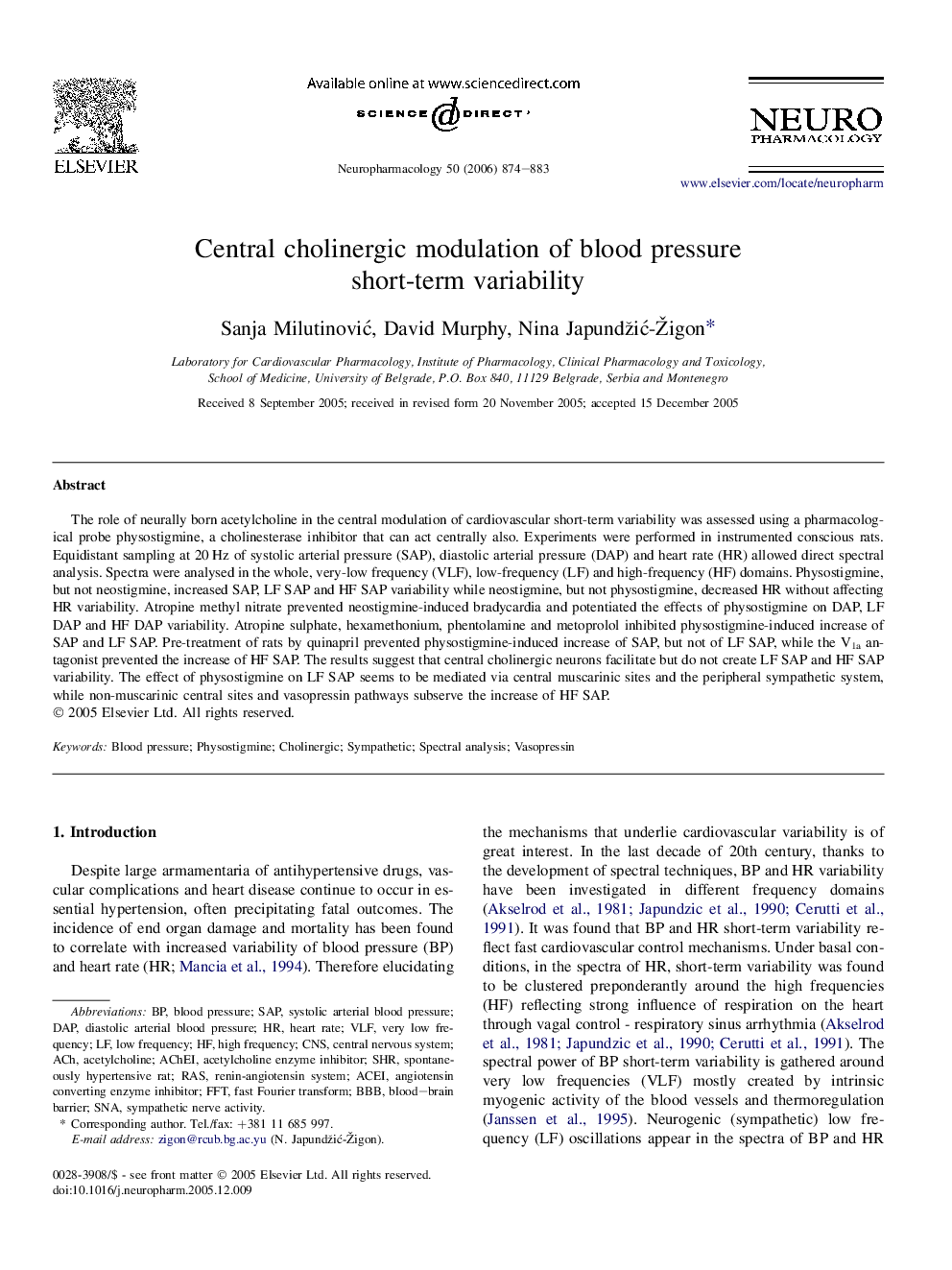 Central cholinergic modulation of blood pressure short-term variability