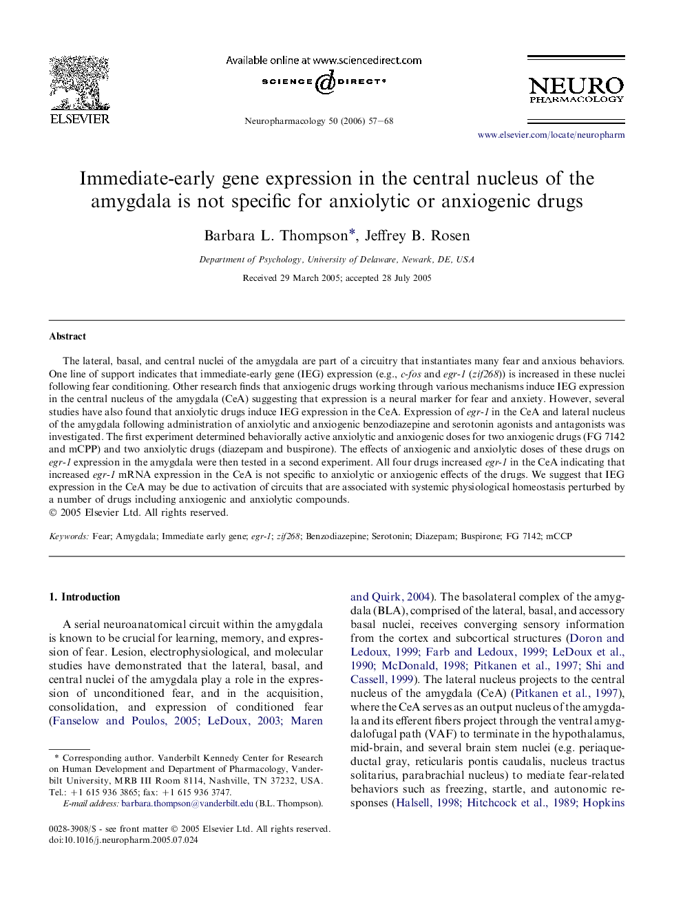 Immediate-early gene expression in the central nucleus of the amygdala is not specific for anxiolytic or anxiogenic drugs