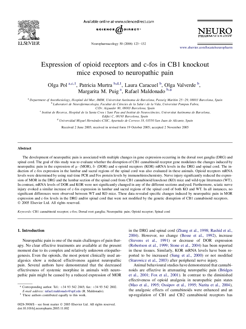 Expression of opioid receptors and c-fos in CB1 knockout mice exposed to neuropathic pain