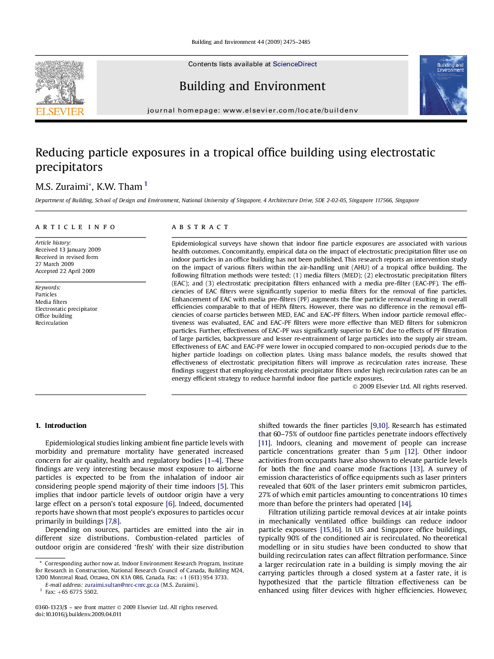 Reducing particle exposures in a tropical office building using electrostatic precipitators