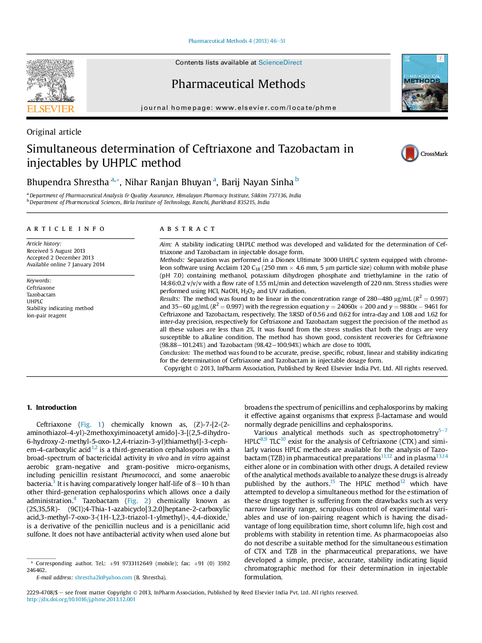 Simultaneous determination of Ceftriaxone and Tazobactam in injectables by UHPLC method