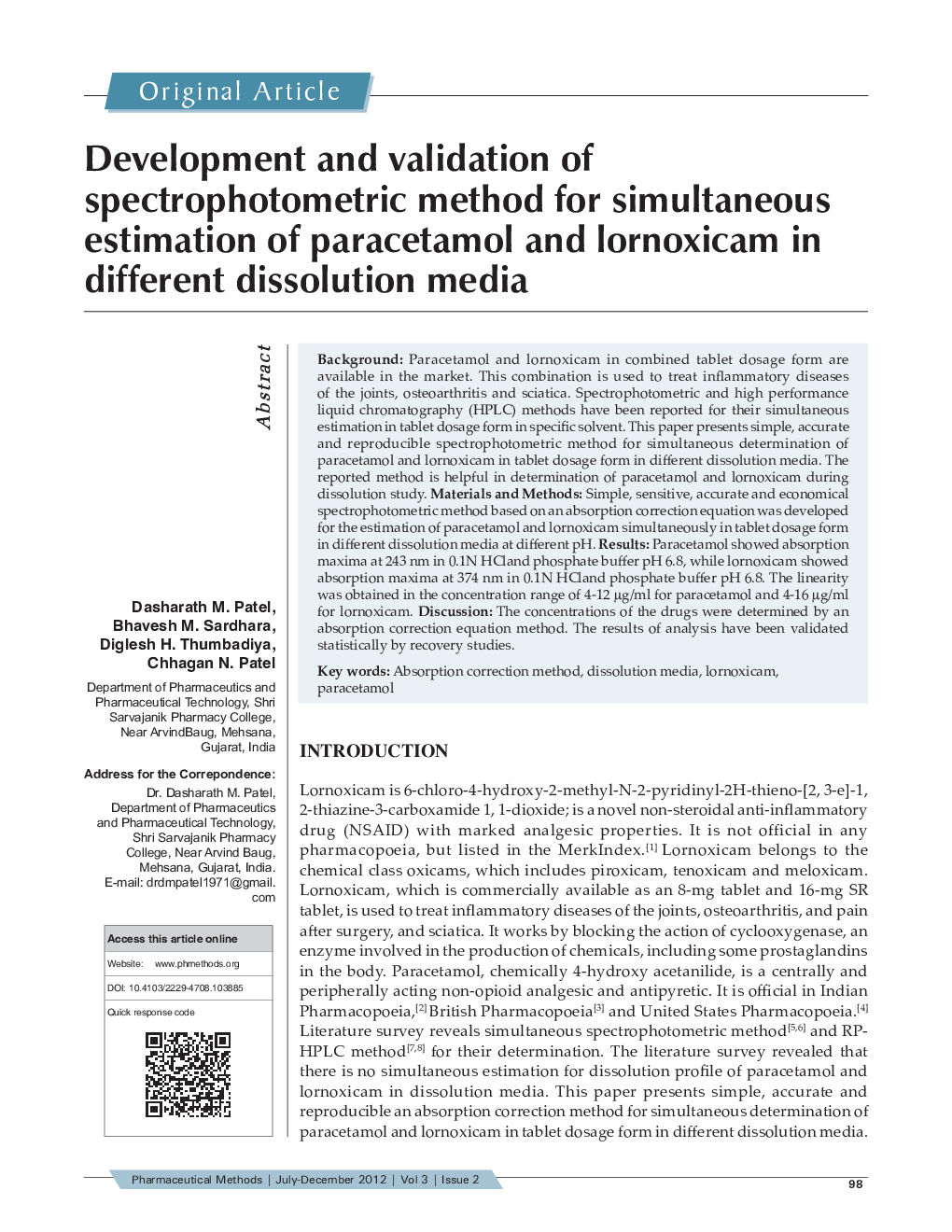 Development and validation of spectrophotometric method for simultaneous estimation of paracetamol and lornoxicam in different dissolution media