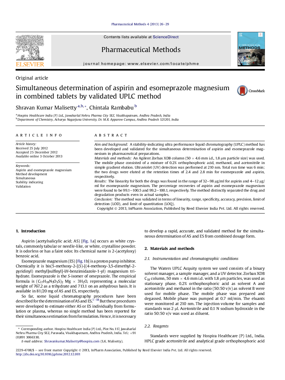 Simultaneous determination of aspirin and esomeprazole magnesium in combined tablets by validated UPLC method