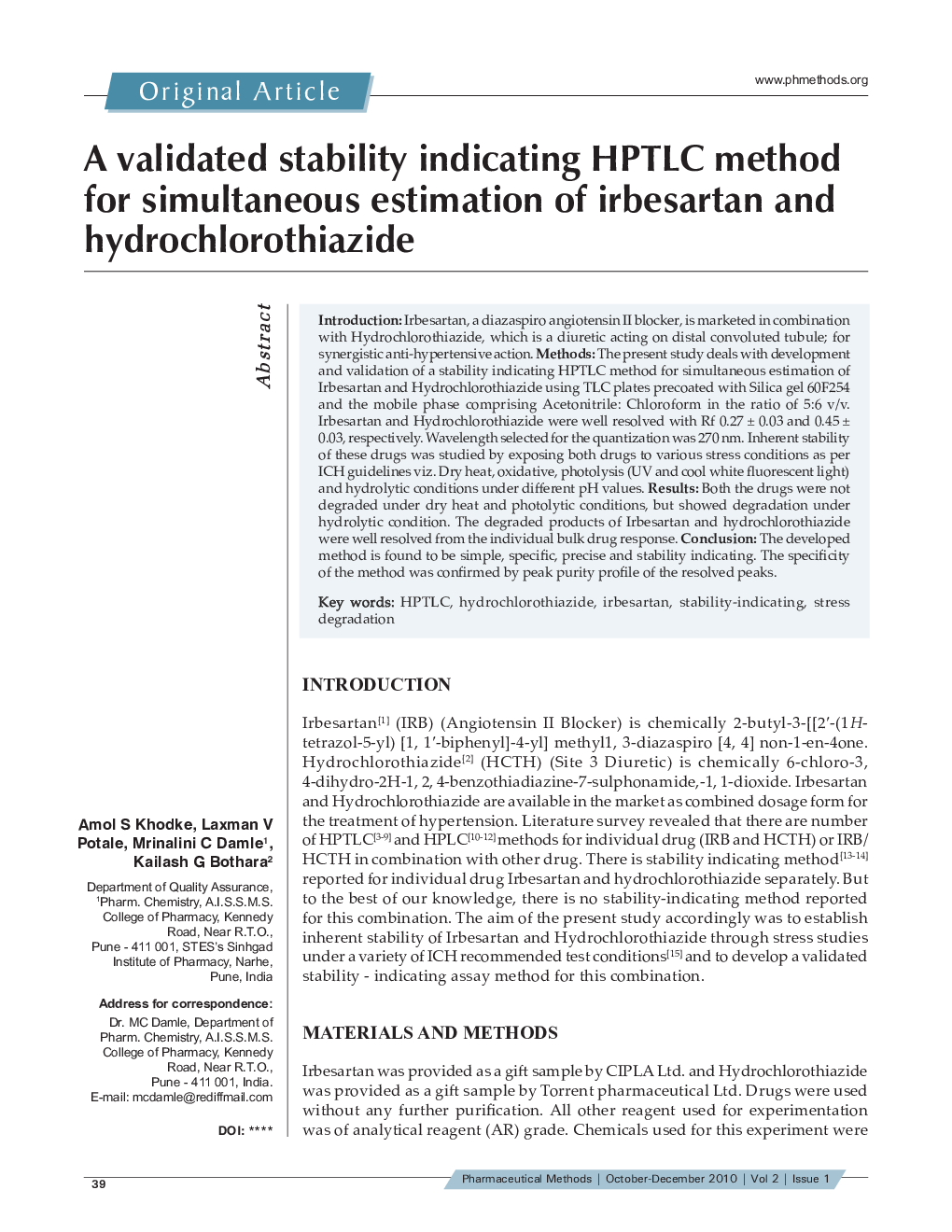 A validated stability indicating HPTLC method for simultaneous estimation of irbesartan and hydrochlorothiazide