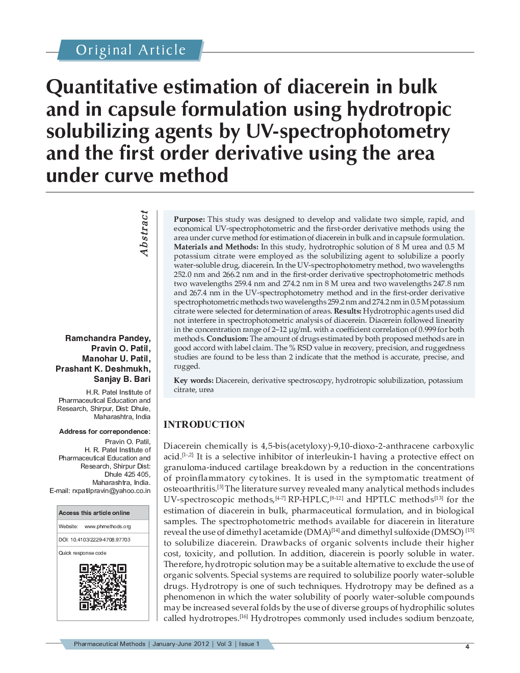 Quantitative estimation of diacerein in bulk and in capsule formulation using hydrotropic solubilizing agents by UV-spectrophotometry and the first order derivative using the area under curve method
