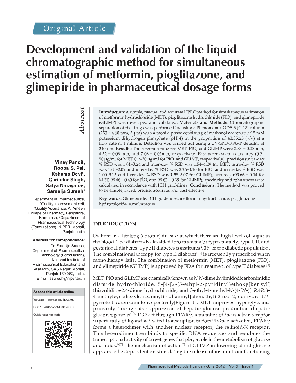 Development and validation of the liquid chromatographic method for simultaneous estimation of metformin, pioglitazone, and glimepiride in pharmaceutical dosage forms