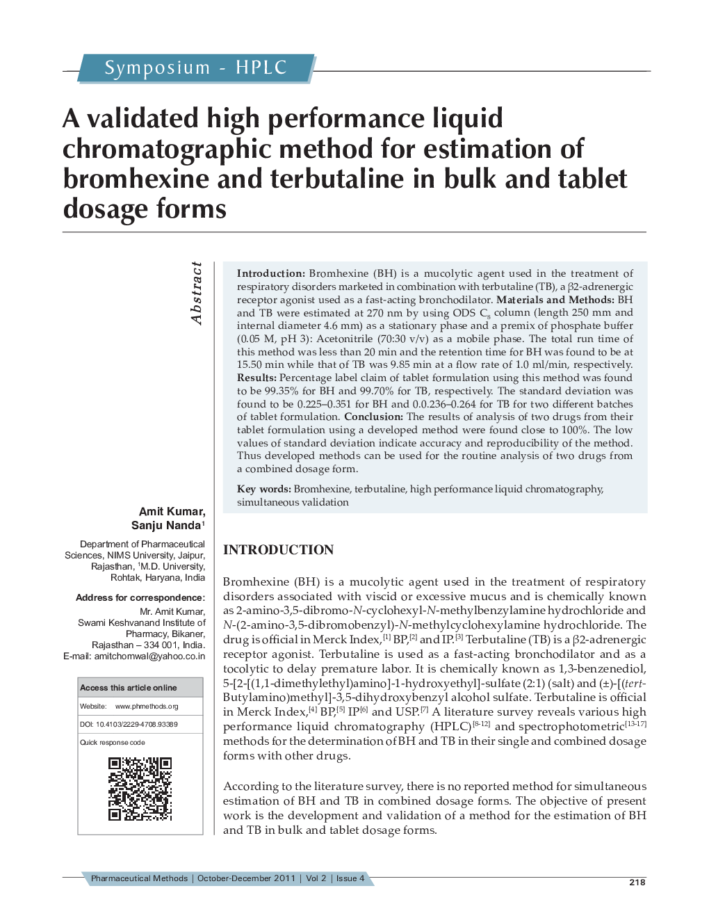 A validated high performance liquid chromatographic method for estimation of bromhexine and terbutaline in bulk and tablet dosage forms