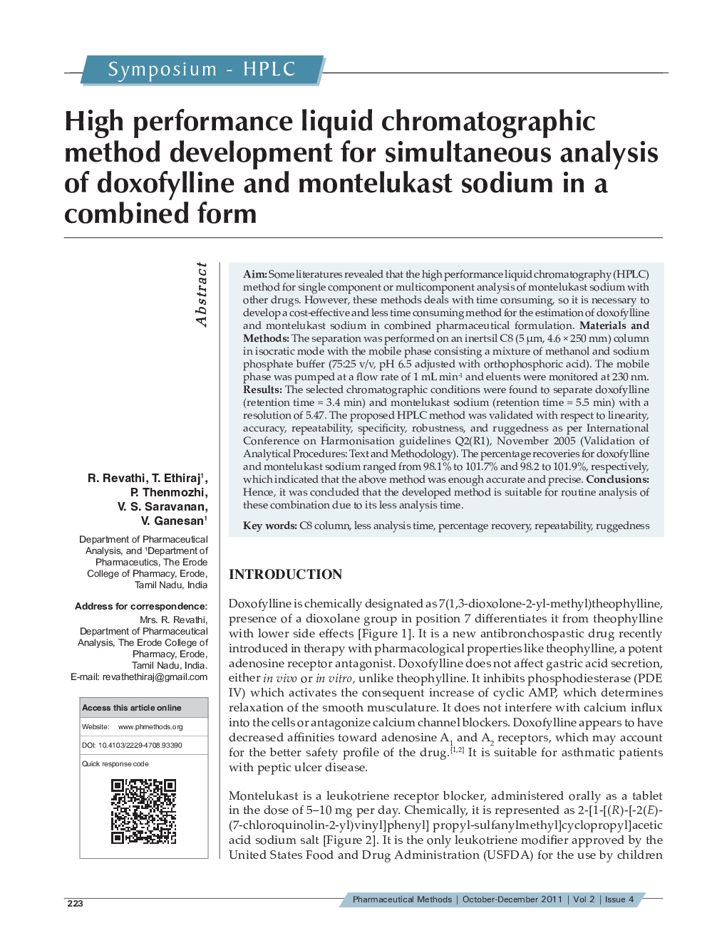 High performance liquid chromatographic method development for simultaneous analysis of doxofylline and montelukast sodium in a combined form