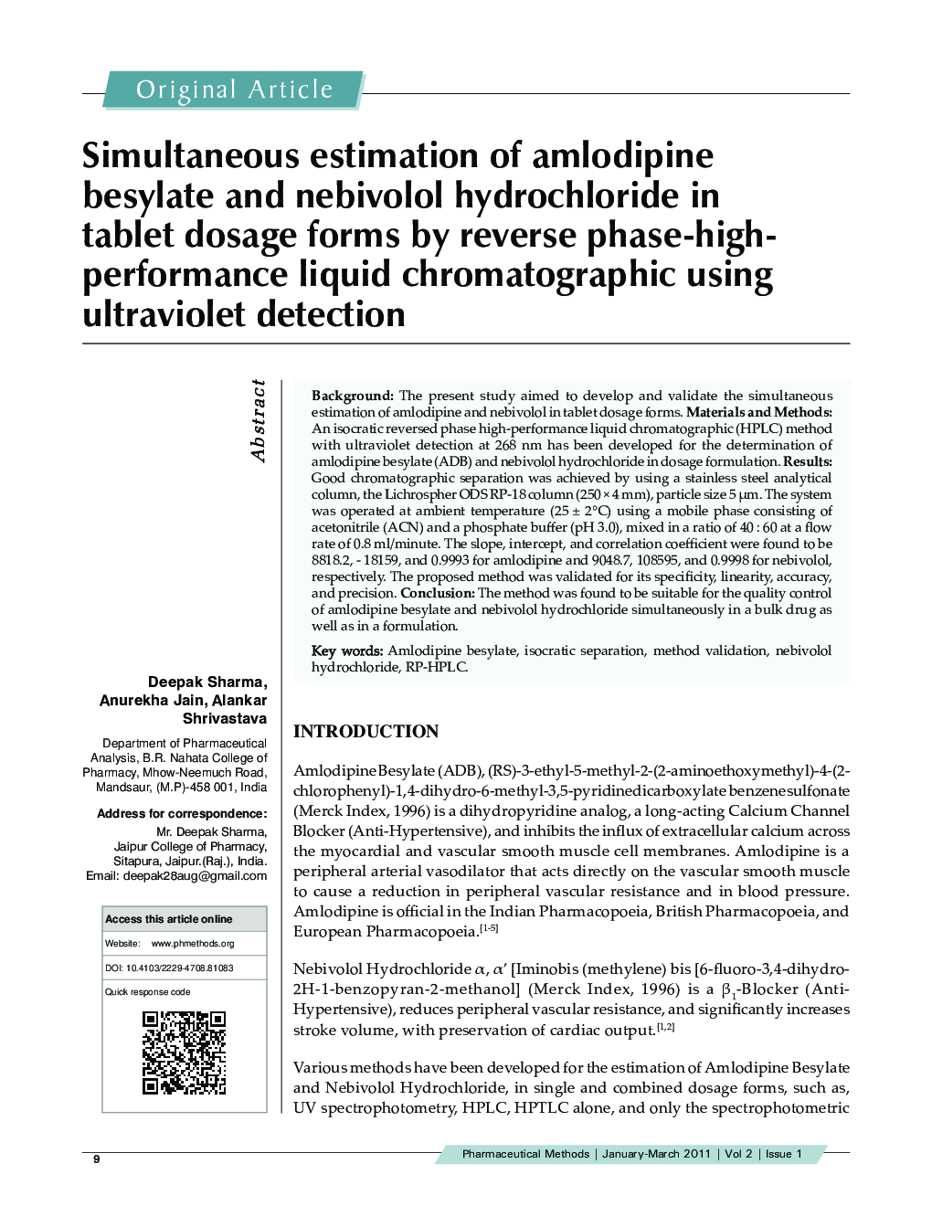 Simultaneous estimation of amlodipine besylate and nebivolol hydrochloride in tablet dosage forms by reverse phase-high-performance liquid chromatographic using ultraviolet detection