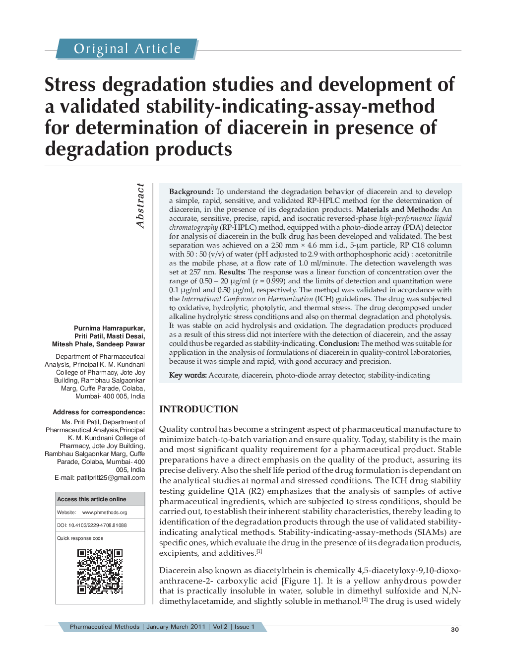 Stress degradation studies and development of a validated stability-indicating-assay-method for determination of diacerein in presence of degradation products