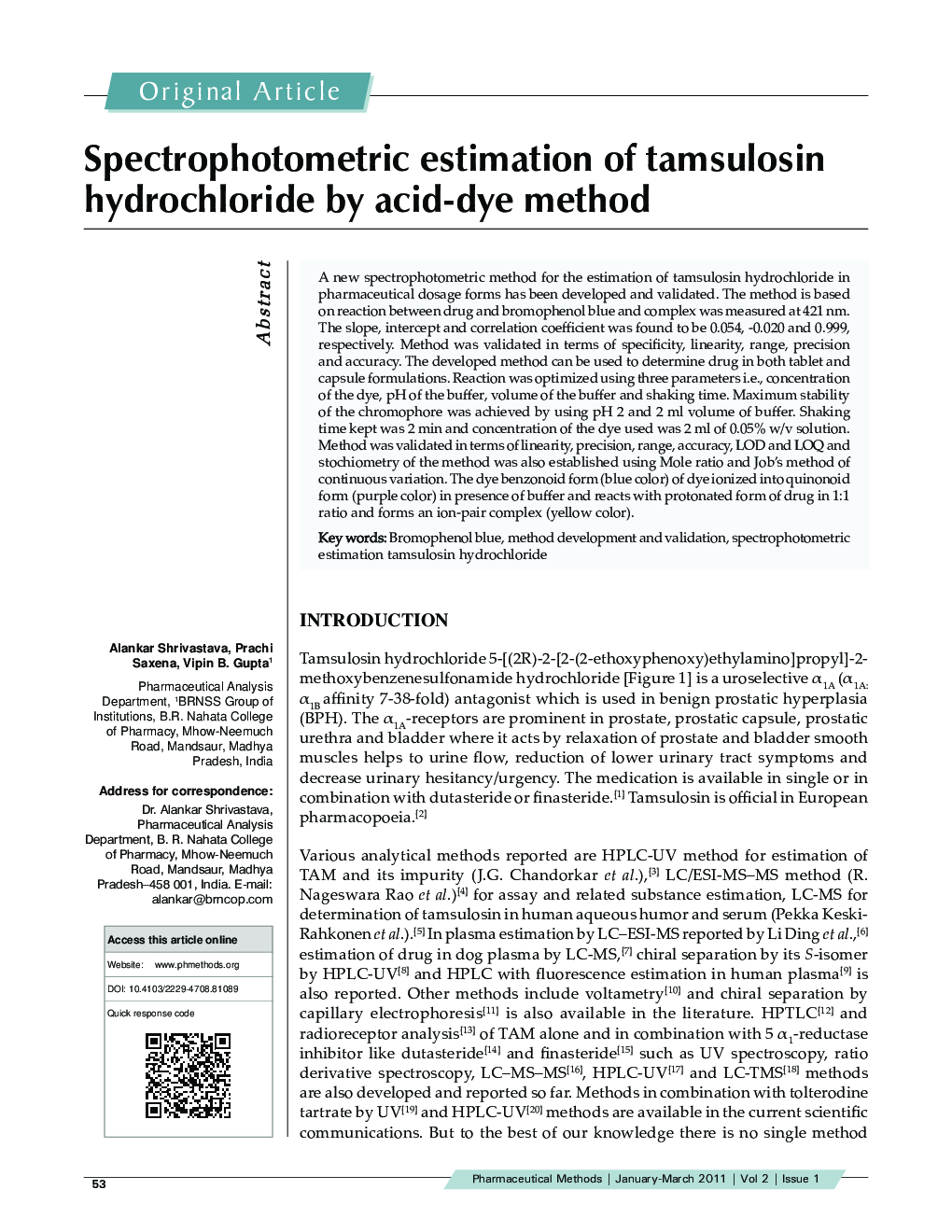 Spectrophotometric estimation of tamsulosin hydrochloride by acid-dye method