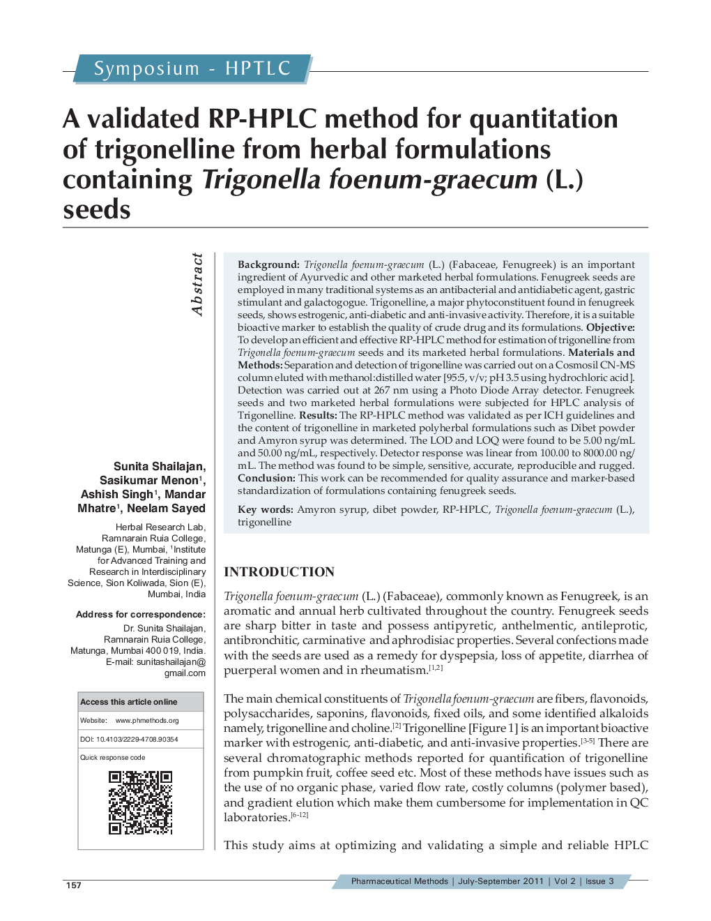 A validated RP-HPLC method for quantitation of trigonelline from herbal formulations containing Trigonella foenum-graecum (L.) seeds