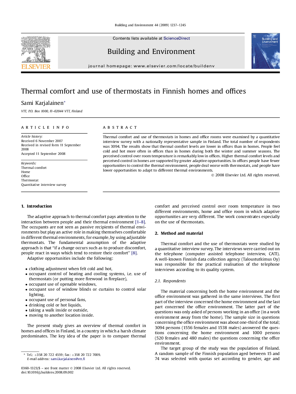 Thermal comfort and use of thermostats in Finnish homes and offices