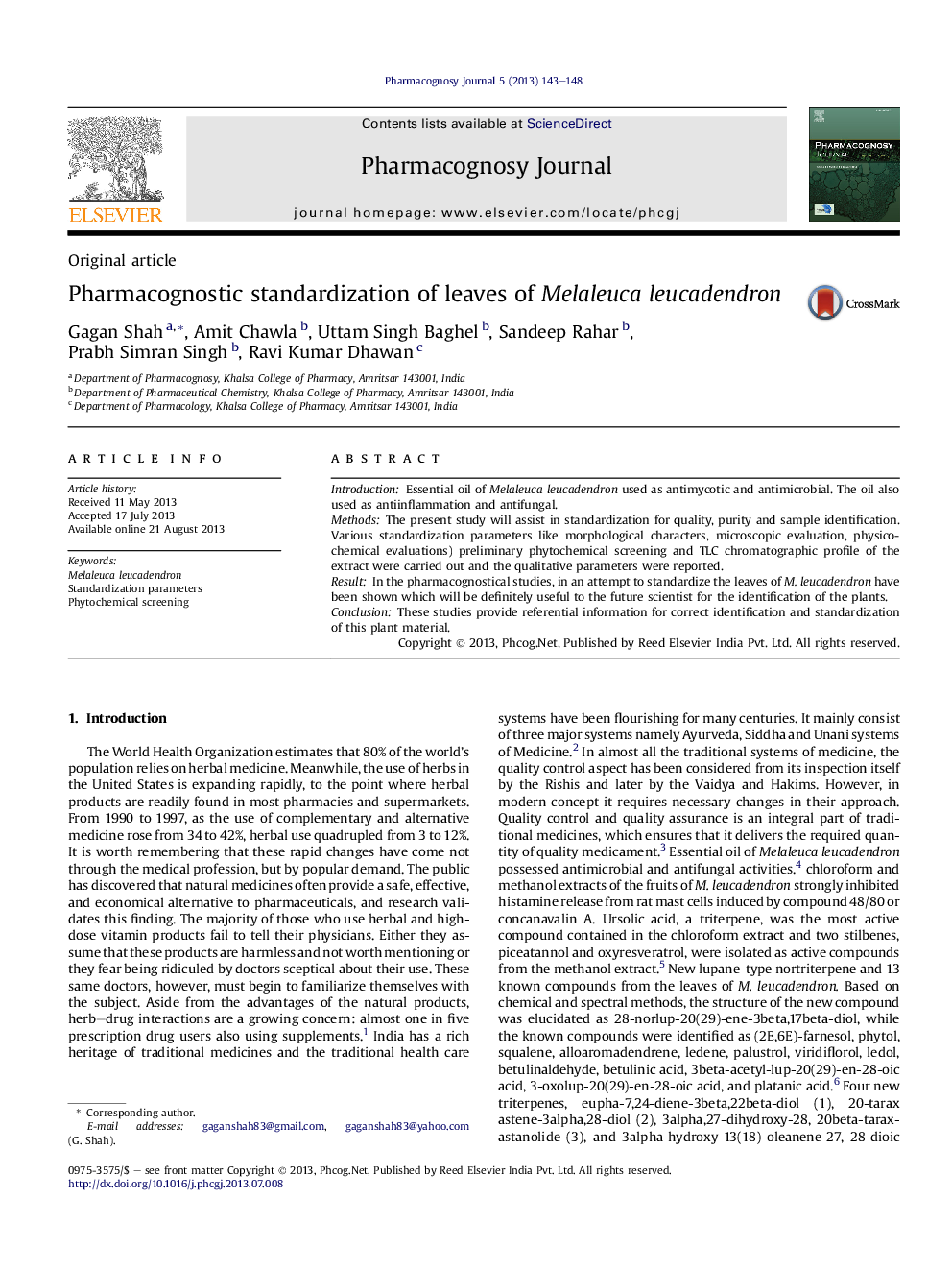 Pharmacognostic standardization of leaves of Melaleuca leucadendron