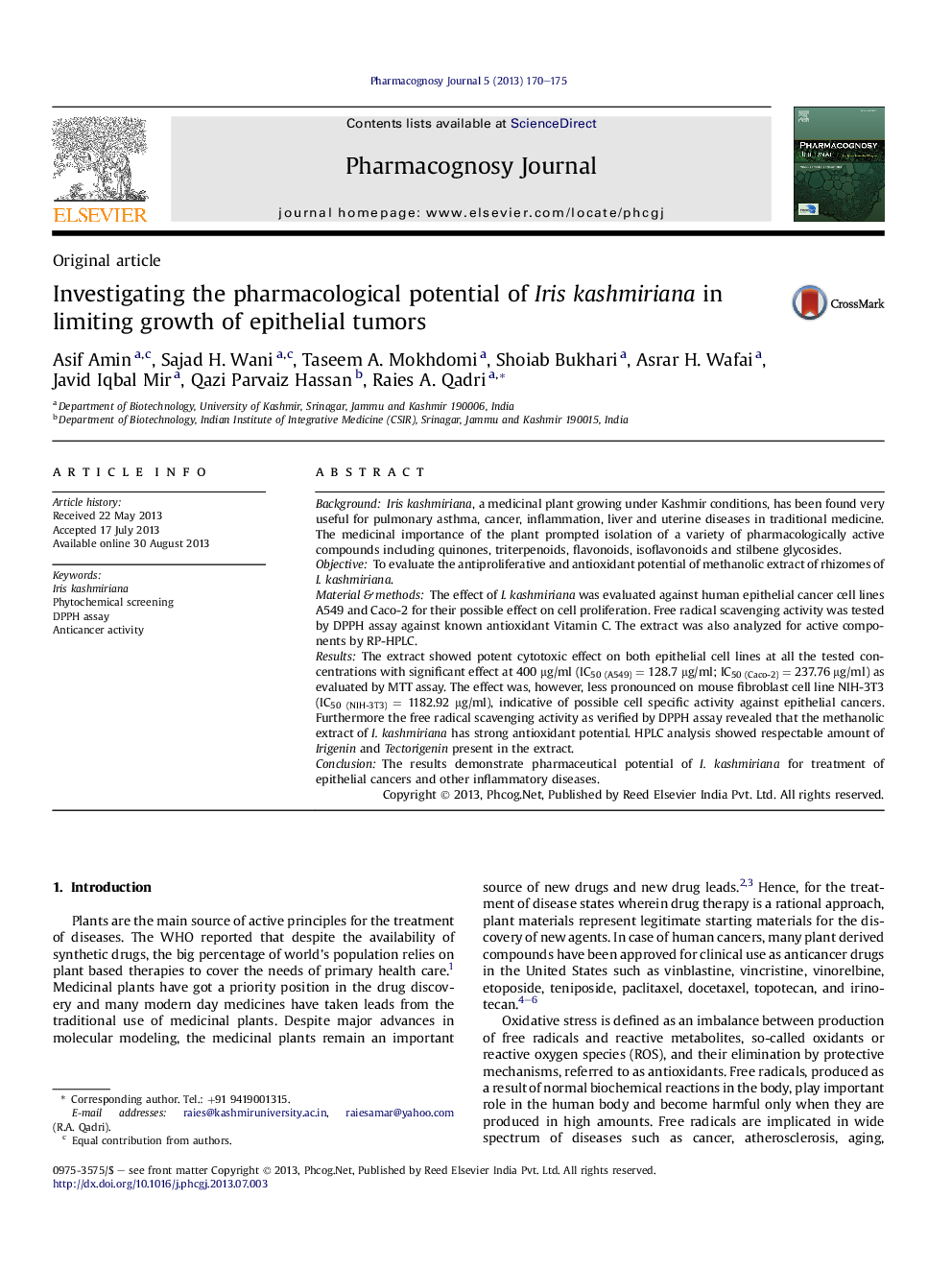 Investigating the pharmacological potential of Iris kashmiriana in limiting growth of epithelial tumors