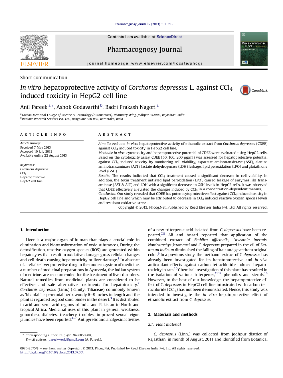 InÂ vitro hepatoprotective activity of Corchorus depressus L. against CCl4 induced toxicity in HepG2 cell line