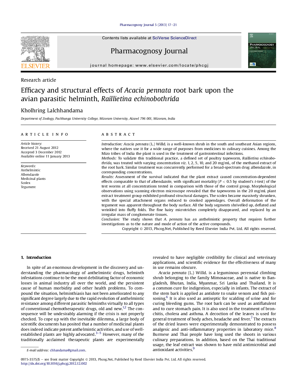 Efficacy and structural effects of Acacia pennata root bark upon the avian parasitic helminth, Raillietina echinobothrida