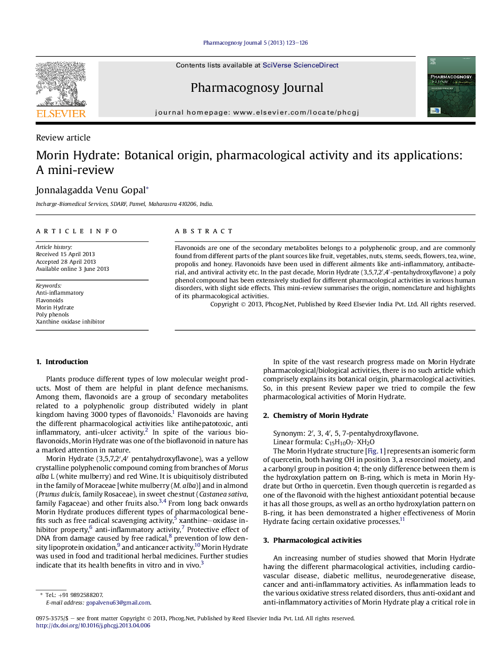 Morin Hydrate: Botanical origin, pharmacological activity and its applications: AÂ mini-review