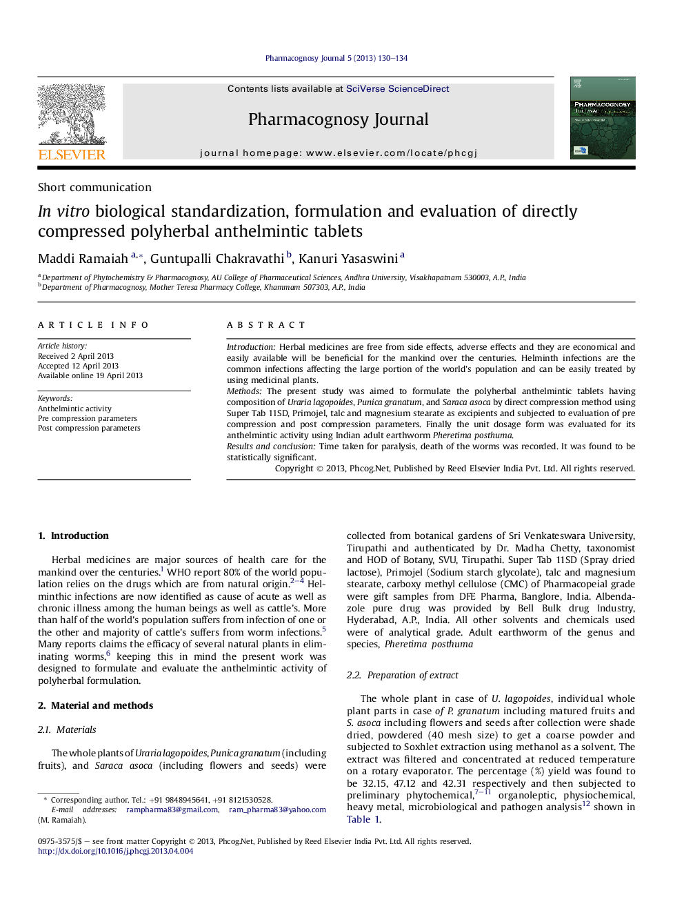 InÂ vitro biological standardization, formulation and evaluation of directly compressed polyherbal anthelmintic tablets