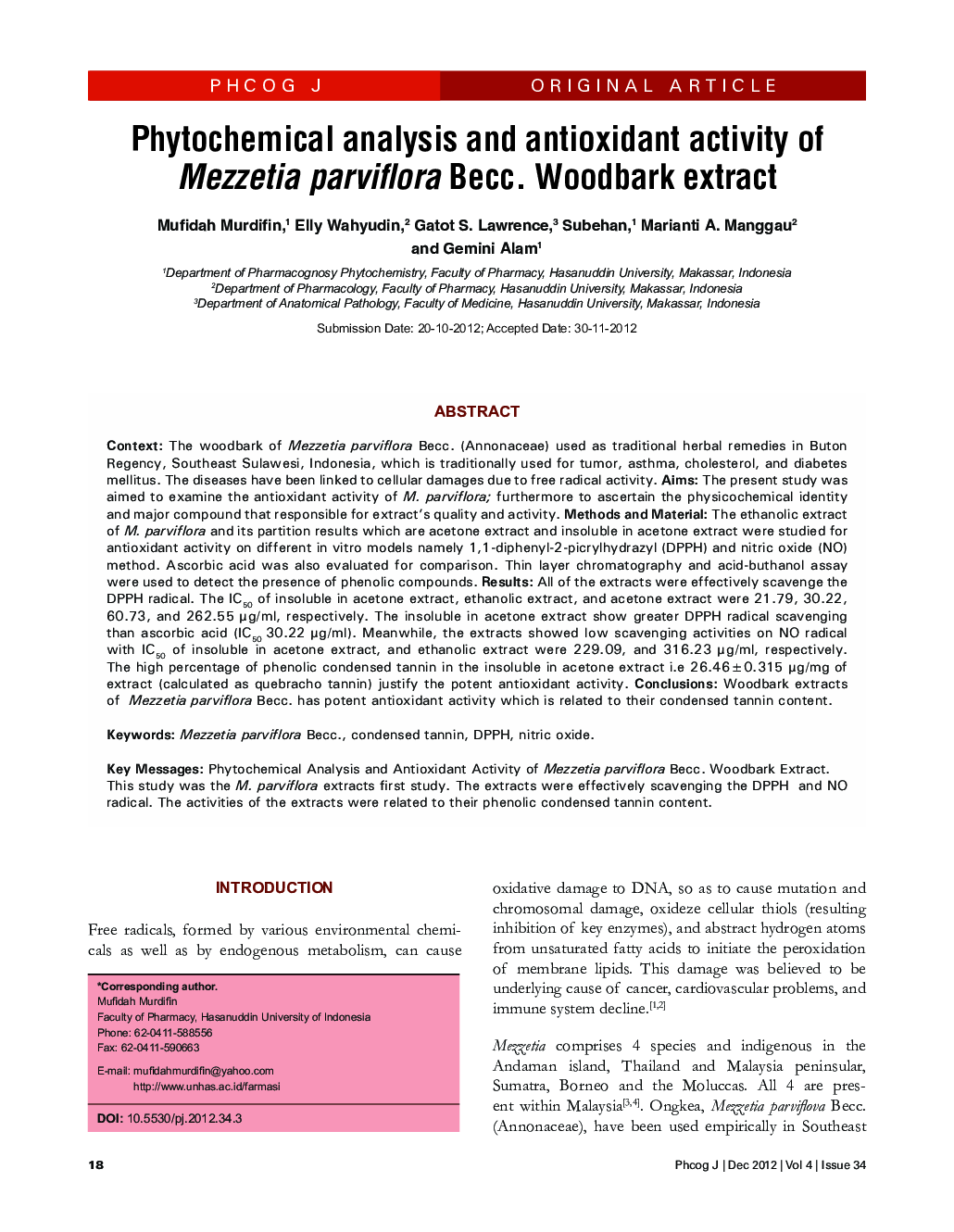 Phytochemical analysis and antioxidant activity of Mezzetia parviflora Becc. Woodbark extract