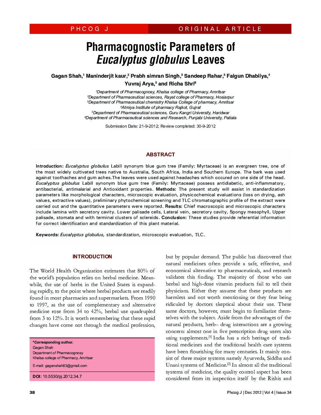 Pharmacognostic Parameters of Eucalyptus globulus Leaves