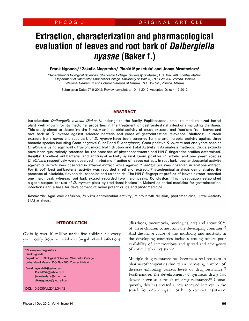 Extraction, characterization and pharmacological evaluation of leaves and root bark of Dalbergiella nyasae (Baker f.)