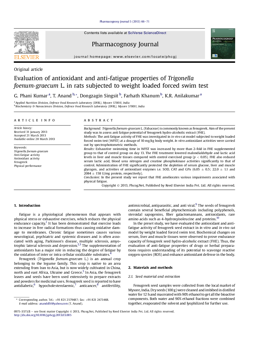 Evaluation of antioxidant and anti-fatigue properties of Trigonella foenum-graecum L. in rats subjected to weight loaded forced swim test